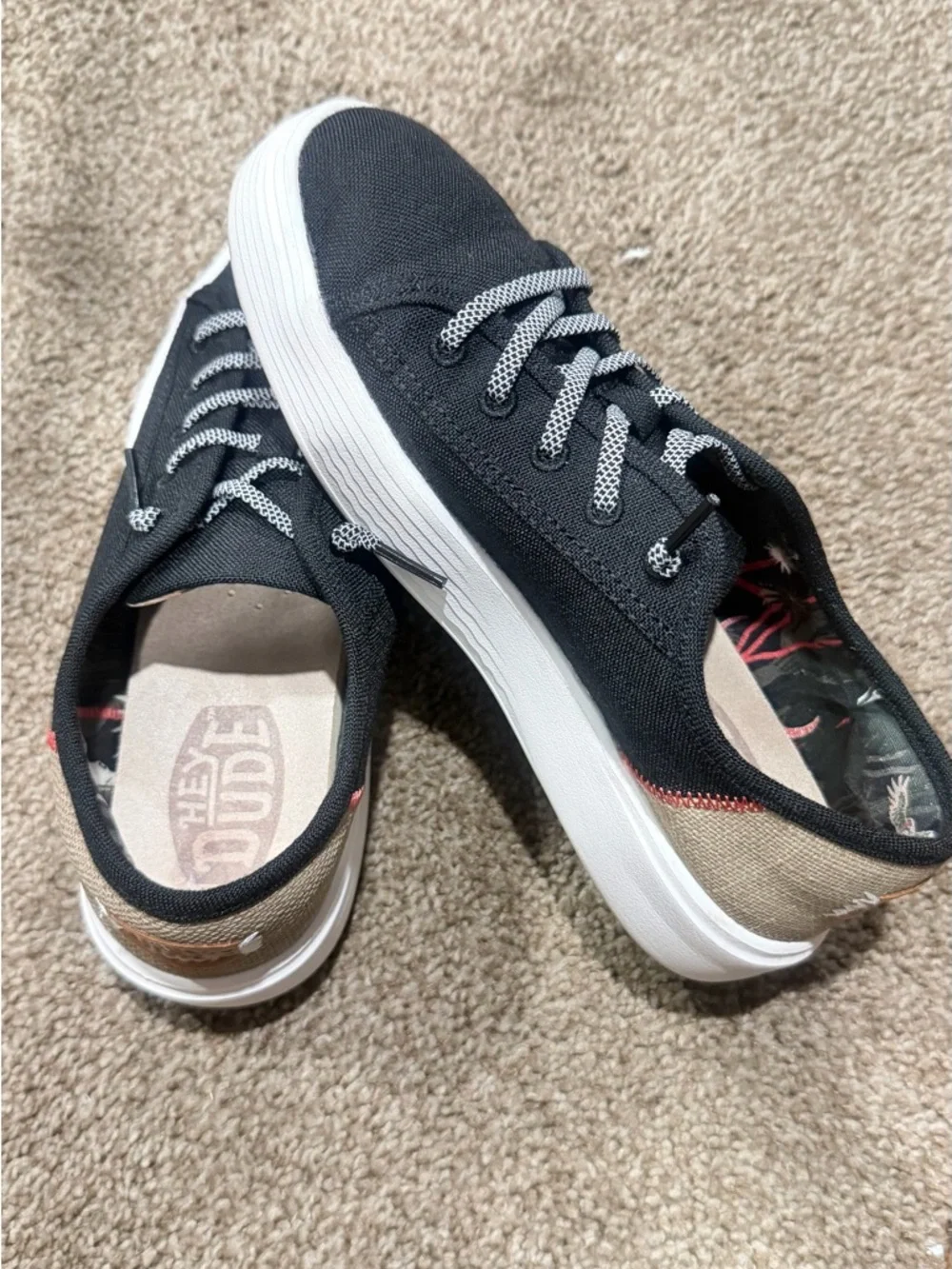Hey Dude Black Canvas Sneakers with Tan Heel Patch and White Soles - Picture 3 of 5
